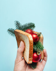 Creative christmas  layout.  sandwich made from fir branches and new year decorations on a pastel...