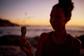 Burning sage, yoga and black woman with wellness and meditation outdoor, sunrise cleansing ritual....