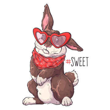 Cute rabbit with glasses and bandana. Fluffy bunny for posters, postcards, t-shirt print. Vector hand drawn style illustration.