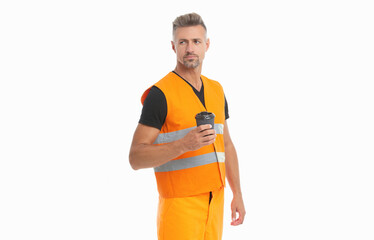 worker man wear working reflective vest. studio shot of man worker. mature man worker