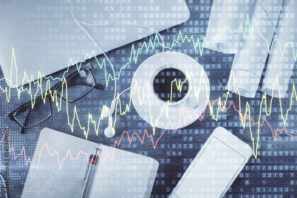 Poster multi exposure of forex graph drawing over desktop background with computer. concept of financial an