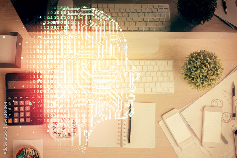 Poster multi exposure of brain sketch hologram over topview work table background with computer. concept of