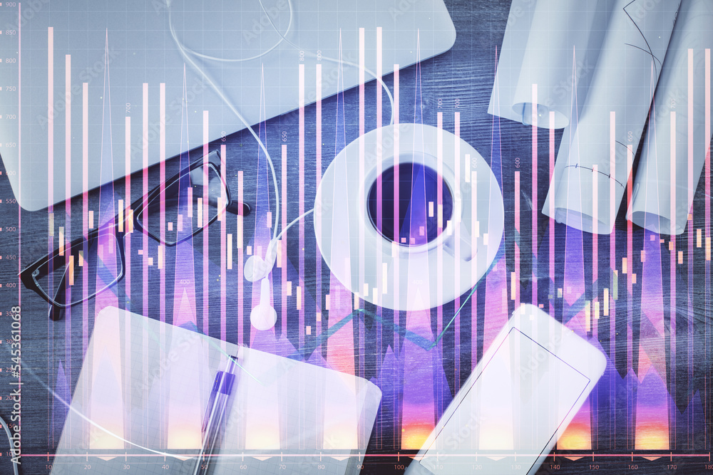 Poster Multi exposure of forex graph drawing over desktop background with computer. Concept of financial analysis. Top view.