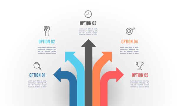 Infographic colorful arrow crossroads 5 options.