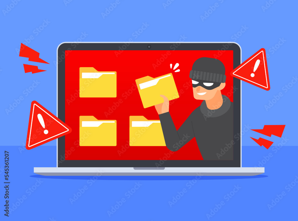 Poster hacker steals document folder icon on laptop screen. system warning alert to cyber threat or cybercr