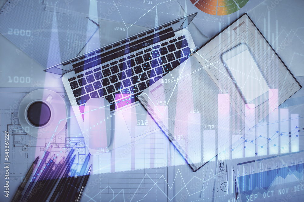 Poster Multi exposure of forex chart drawing over table background with computer. Concept of financial research and analysis. Top view.