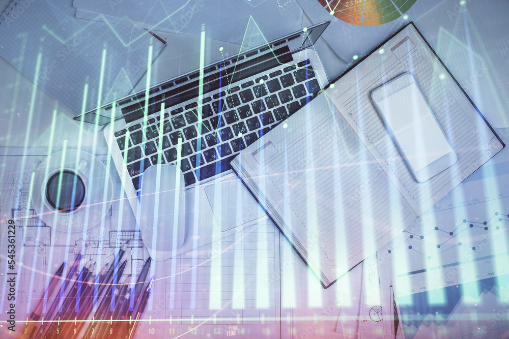 Poster Multi exposure of forex chart drawing over table background with computer. Concept of financial research and analysis. Top view.