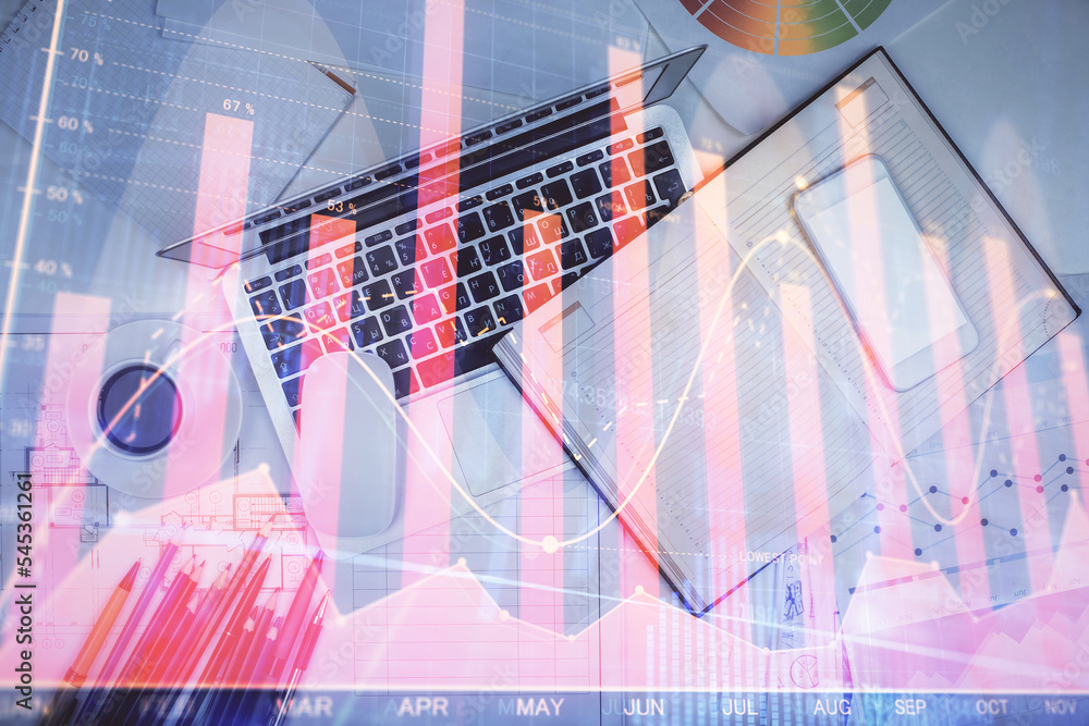 Poster Multi exposure of forex chart drawing over table background with computer. Concept of financial research and analysis. Top view.