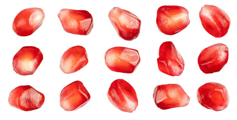 Set of red Pomegranate seeds isolated on white background. With clipping path. Full depth of field. Focus stacking