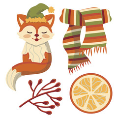 vector set of cute fox in hat orange balls new year christmas