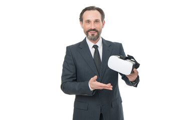 presenting product of virtual reality in business cyberspace. business man of virtual reality