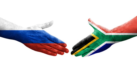 Handshake between South Africa and Russia flags painted on hands, isolated transparent image.