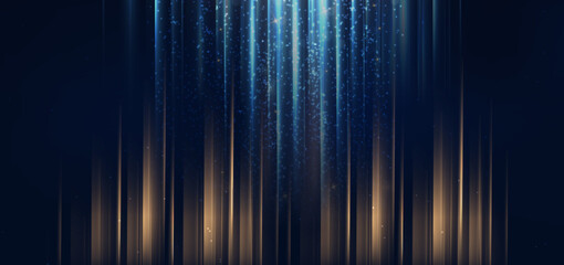 Luxury light blue and gold stripe vertical lines light on dark blue background with gold lighting effect sparkle.