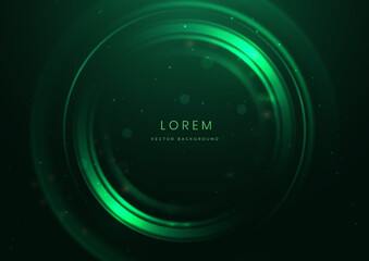 Abstract technology futuristic neon circle glowing green light lines with speed motion blur effect on dark green background.