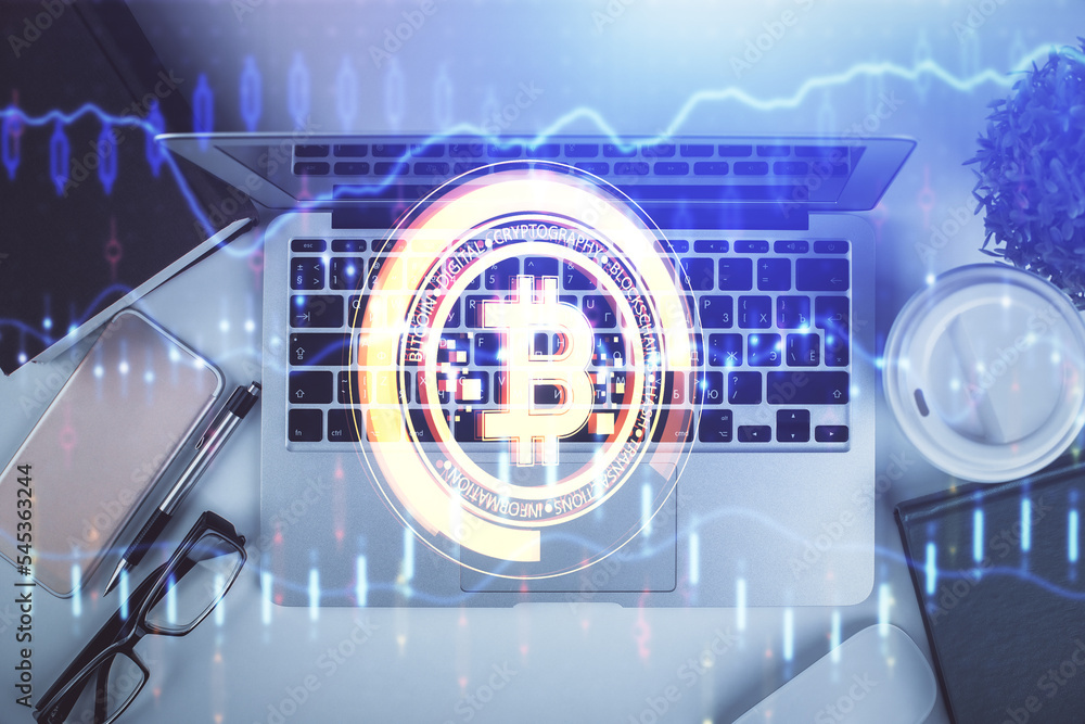 Aufkleber blockchain theme hologram drawings over computer on the desktop background. top view. double exposur
