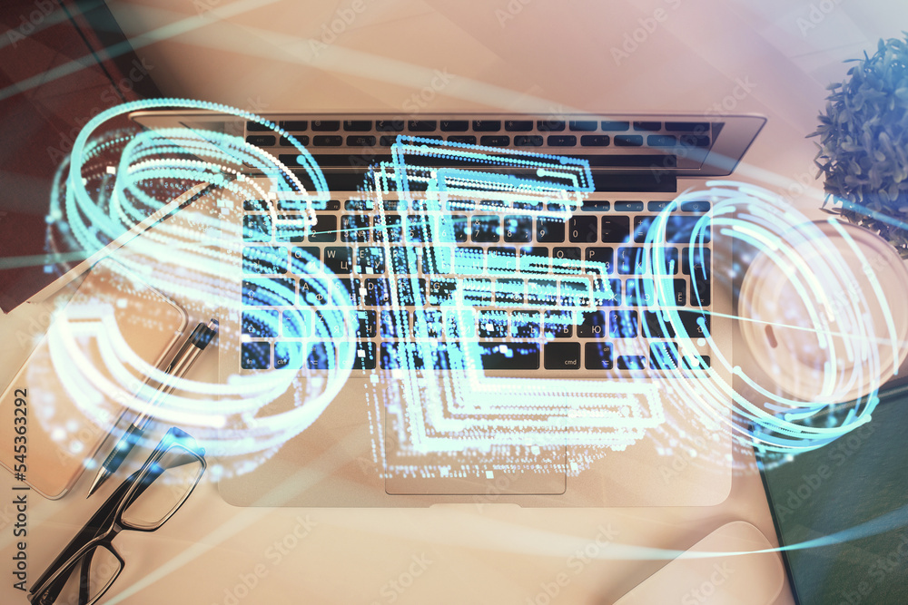 Aufkleber Double exposure of SEO drawing over study table background with computer. Concept of search. Top view.
