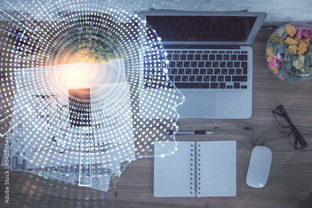 Poster Double exposure of brain drawing hologram over topview work table background with computer. Concept of big data.