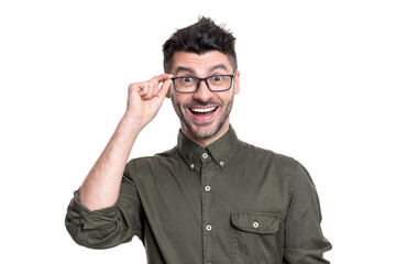 employee man portrait in studio. employee in glasses. adult employee man wear shirt.