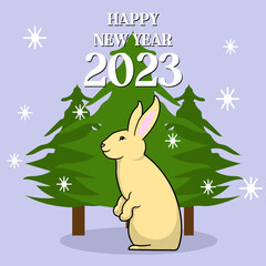Happy  new year, wish post with rabbit and christmas tree illustration