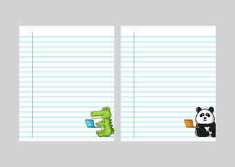 Blank note book page with crocodile and panda illustration