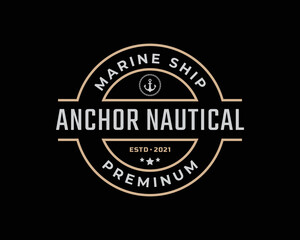 Fototapeta na wymiar Vintage Retro Badge Emblem Anchor Ship Boat Logo Design Linear Style on Black Background