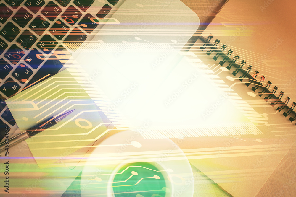Poster Double exposure of data theme drawing hologram over topview work table background with computer. Concept of technology.