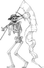 Black and white vector illustration of skeleton digger medieval style