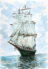 Fototapeta na wymiar Ship-rigged frigate on sea. Watercolor on paper.