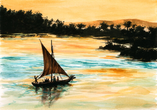 Small sailboat on river. Watercolor on paper.
