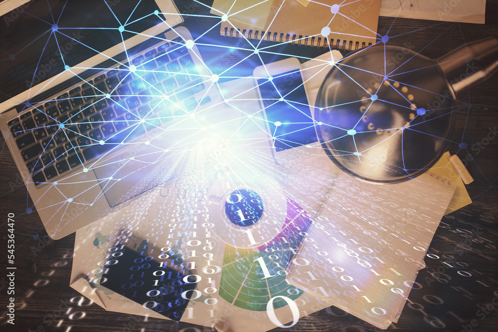 Aufkleber Multi exposure of data theme drawing hologram over topview work desk background with computer. Concept of technology.