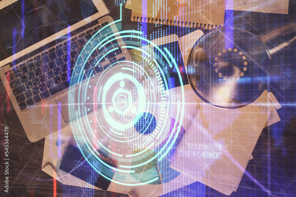 Aufkleber Multi exposure of data theme drawing hologram over topview work desk background with computer. Concept of technology.