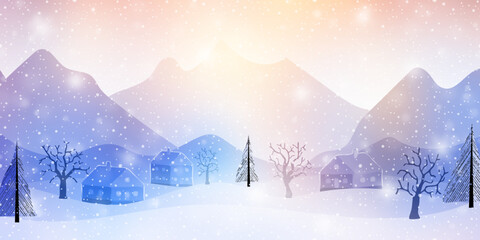 Dreamy winter landscape, small village, snowfall and bokeh effect, vector illustration