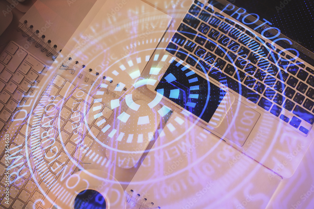 Aufkleber Multi exposure of data theme drawing hologram over topview work desk background with computer. Concept of technology.