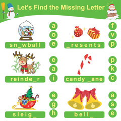 Fototapeta na wymiar Let’s find the missing letter. Preschool worksheet with Christmas theme. Educational spelling printable game worksheet. Vector illustration. 