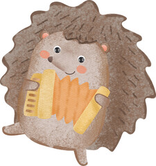 cute hedgehog with accordion - watercolor illustration © LitaStudio