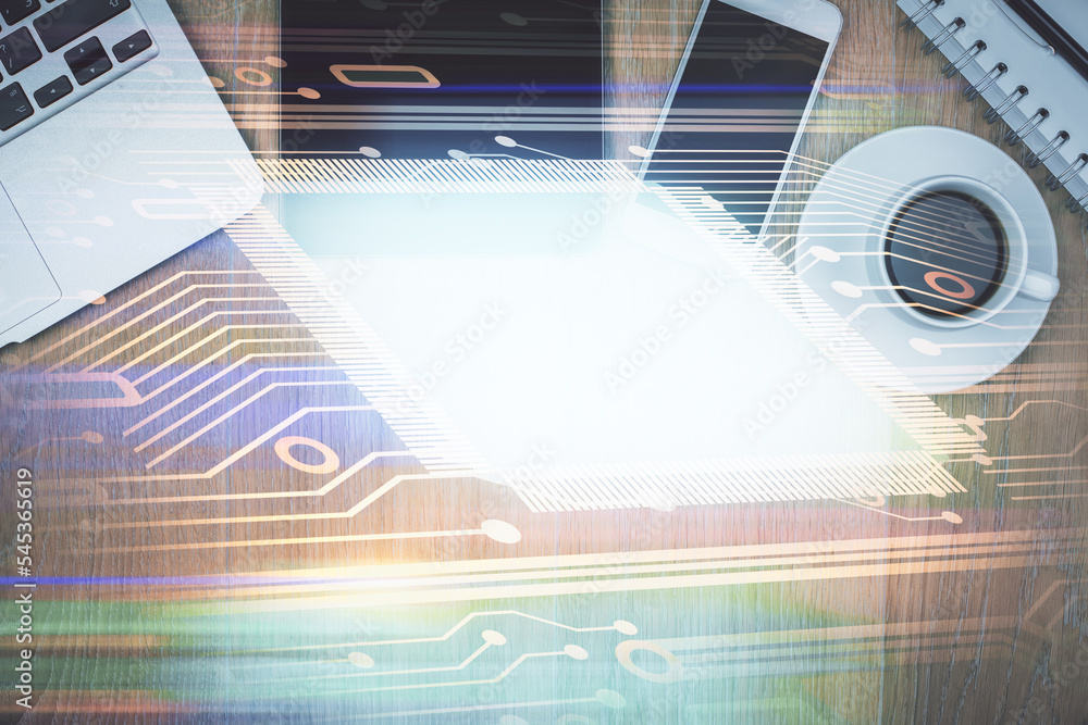 Poster Double exposure of technology theme drawing over work table desktop. Top view. Global data analysis concept.