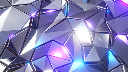 Abstract mosaic background, silver metal polygons, trangle shapes purple blue metallic wallpaper design, 3D render illustration.