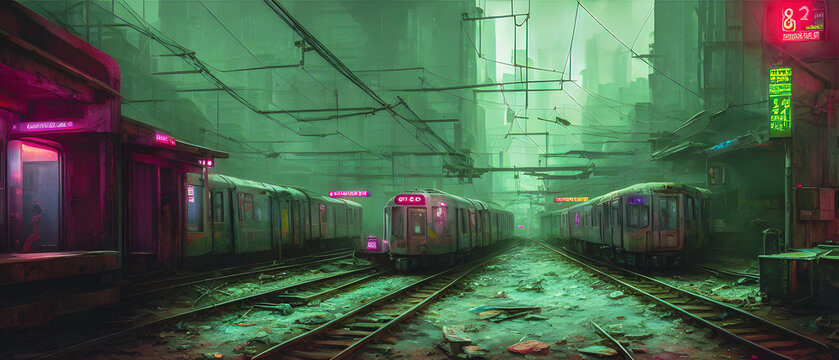 Artistic concept illustration of a futuristic metro station, background illustration.