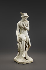 Ancient statue of Mercury (the Greek god Hermes) who played the syrinx (pan flute) to lull Argos to sleep and then kill him. from side view, 3d Rendering