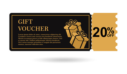 Golden gift voucher 20% off. discount gift voucher 20% sale for website, internet ads, social media. Discount gift voucher, beautiful design. vector illustration 