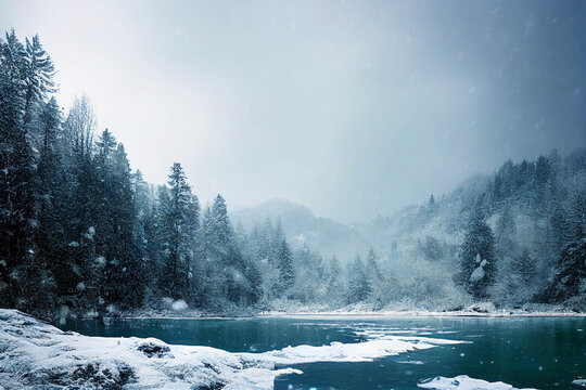 Fantasy winter landscape with river and trees. 3D illustration