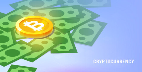 The isometric concept of cryptocurrency. A gold coin with a bitcoin mark between green fiat dollar banknotes. - obrazy, fototapety, plakaty