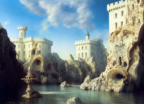 Beautiful and big cliff side fairytale with white marble castle, 3D illustration