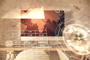 Multi exposure of financial graph drawing and office interior background. Concept of market analysis.