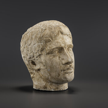 Plaster cast of an ancient sculpture. The head of Doryphoros found in Pompeii. 1st or 2nd century. Ancient Greek of Classical antiquity figure. from side view, 3d Rendering