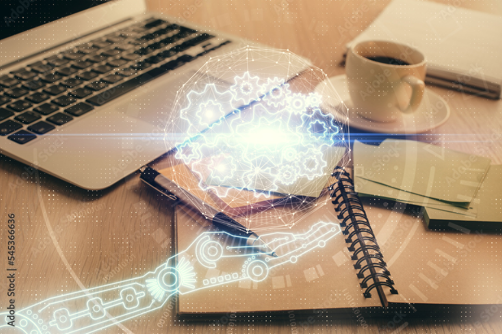 Poster Multi exposure of technology theme drawing and desktop with coffee and items on table background. Concept of data research.