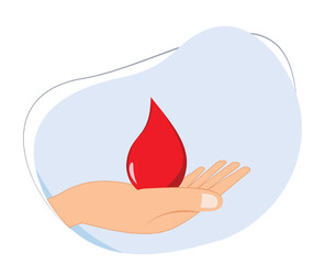 hand holding a drop of blood. world blood donor day. blood donation illustration. donor logo. blood donation icon.