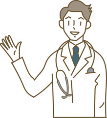 Obraz premium 片手を上げて説明する白衣ネクタイの若い医師