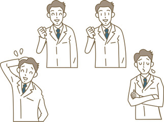 白衣ネクタイの若い男性医師の表情パターンのイラスト素材セット
