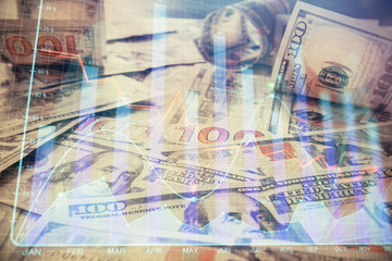 Multi exposure of forex chart drawing over us dollars bill background. Concept of financial success markets.